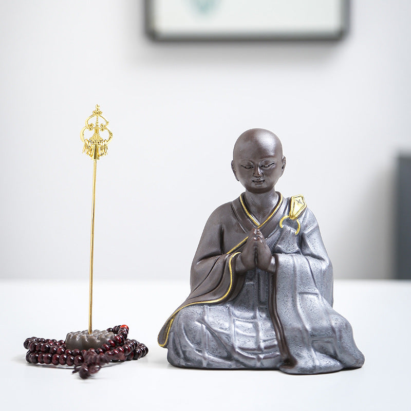 zensoullab Zen Style Premium Purple Clay Little Monk Creative Handmade Ceramic Little Sha Mi Figure Chinese Style Living Room Entrance Decoration Ornament