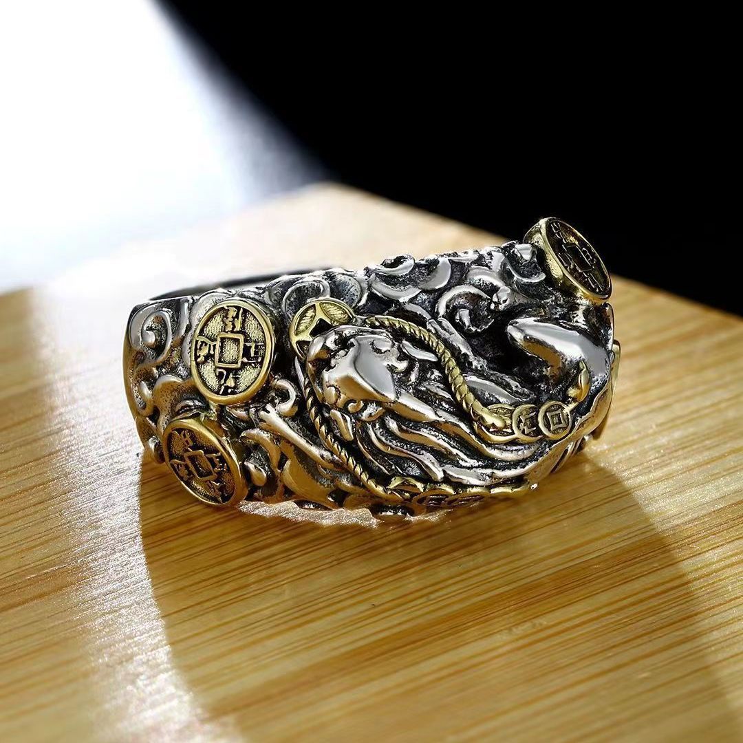zensoullab Vintage Ethnic Style Domineering Men's Money Pixiu Cloud Ring Fashionable Personality Women's Retro Jewelry Couple Rings