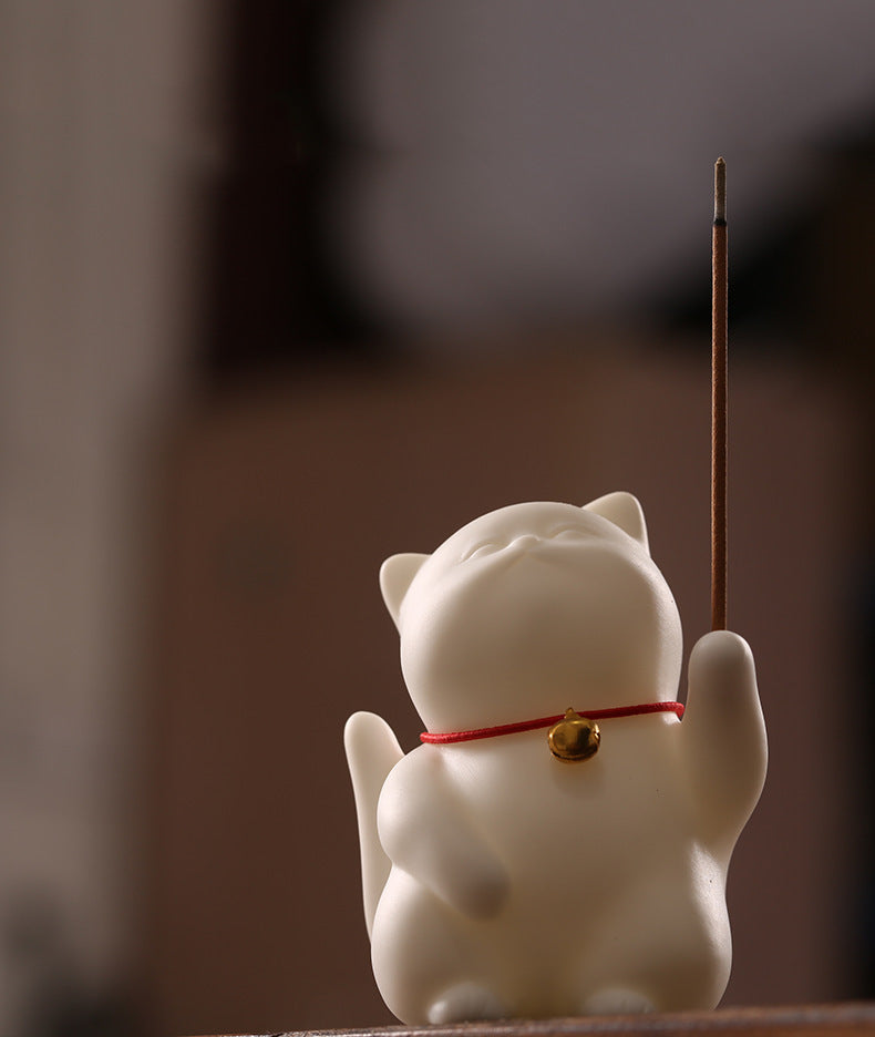 Zensoullab Creative Cute Lucky Cat Ceramic Decoration Cute Cat Tea Ornaments Pen Holder Home Indoor Sandalwood Incense Stick Holder Incense Ceremony Incense Holder
