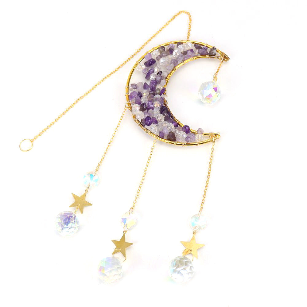 zensoullab Handmade Beaded Natural Crystal Crushed Stone Moon Star Wind Chime Craft Decoration Pendant Sun Catcher