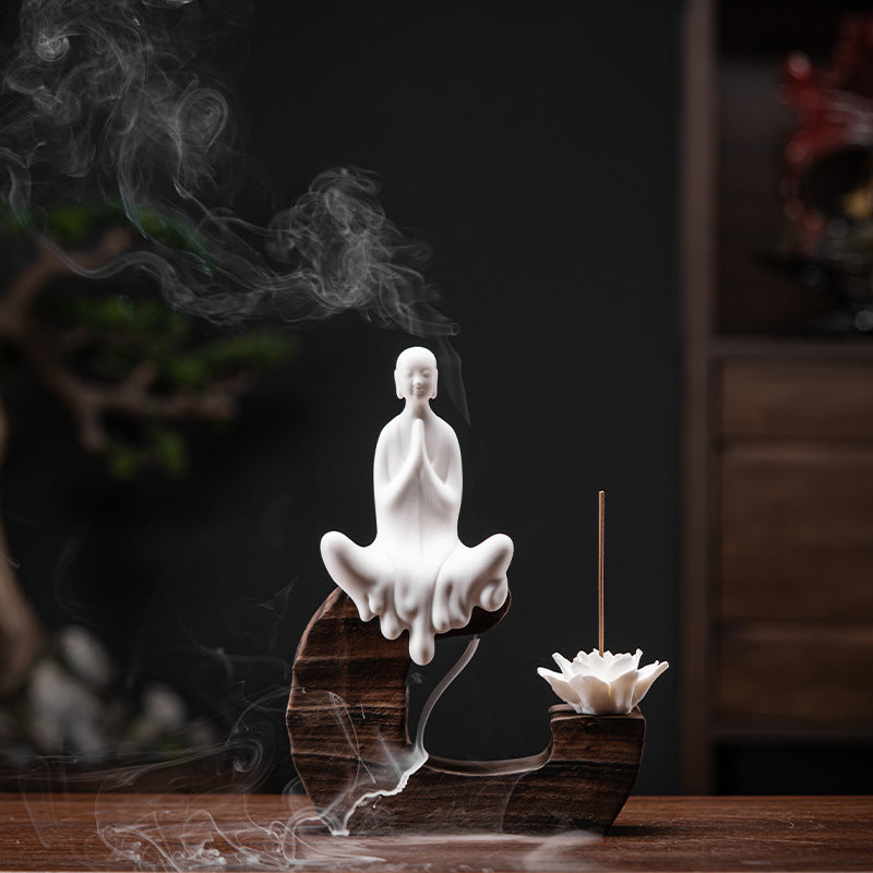 zensoullab Creative Backflow Incense Burner Home Aromatherapy Burner Ceramic Ornament Sandalwood Incense Holder Guanyin Buddha Statue Zen Living Room Decoration