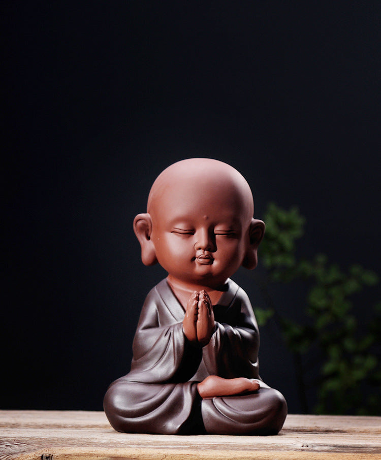 zensoullab Zen Purple Clay Blessing Little Monk Home Decor Chinese Style Entrance Living Room Buddha Hall Large Small Novice Figurine