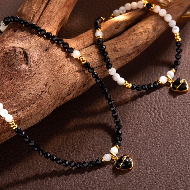 Zensoullab Special-Interest Design Advanced Natural Black Pointed Crystal Beaded with Black Agate Pendant Heart Shaped Love Necklace Female S925 Sterling Silver