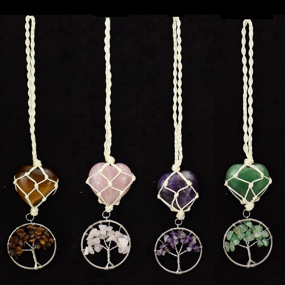 zensoullab Natural Crystal Heart-shaped Woven Net Bag Tree of Life Pendant Car Hanging Bag Accessories