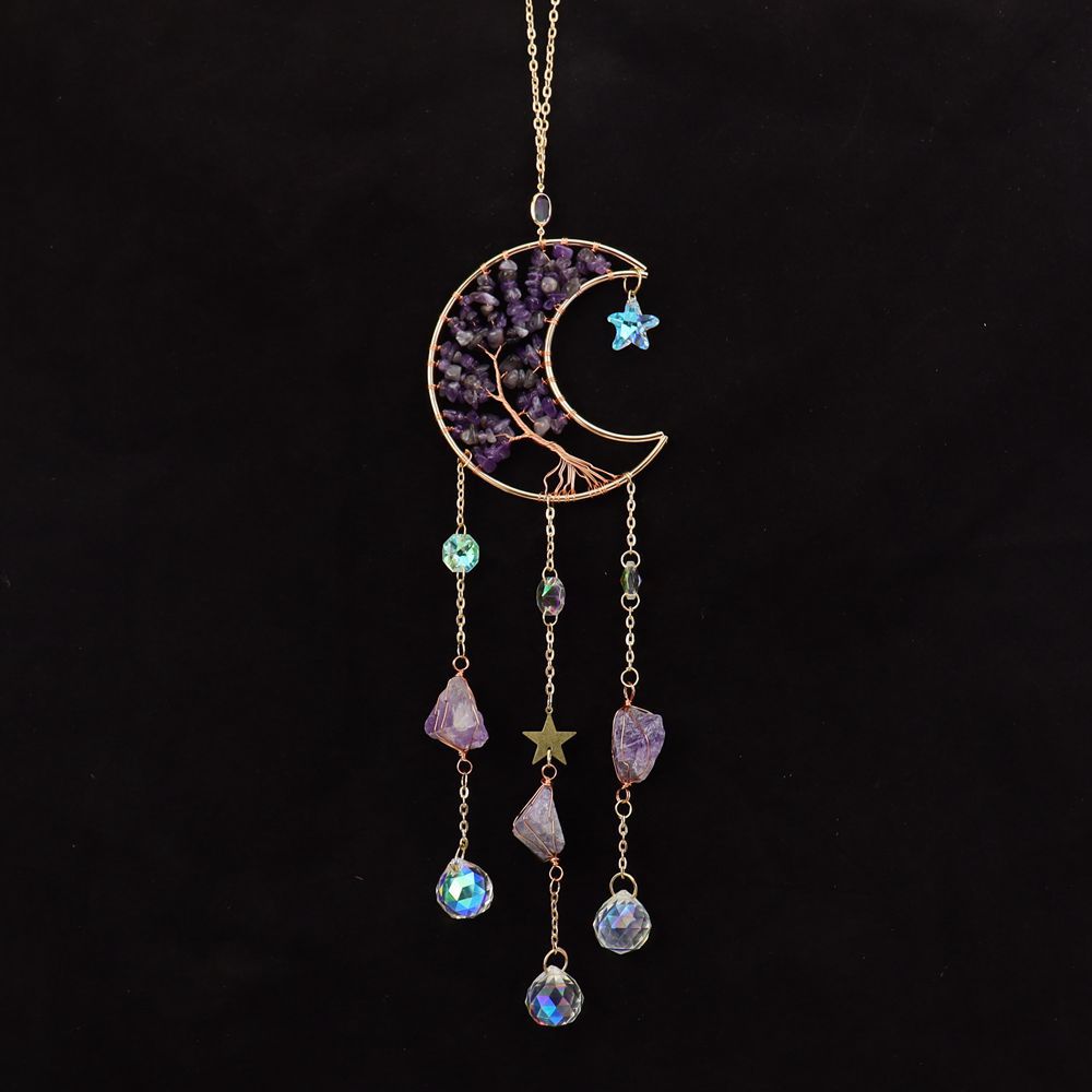 zensoullab Natural Amethyst Gravel Moon Sun Catcher Wind Chime Light Decoration Hanging Ornament Home Decor Gift