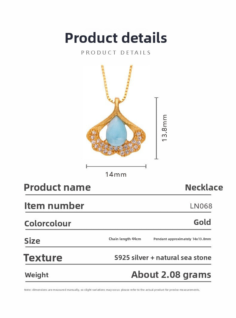 zensoullab S925 Sterling Silver Ancient Gold Inlaid Natural Sea Grain Stone Fan-shaped Necklace High Quality