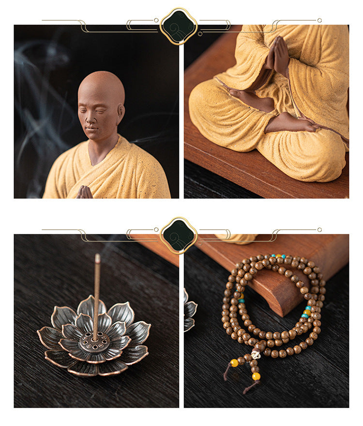 zensoullab Dust-Free Zen Little Monk Purple Clay Figurine Ceramic Figure Ancient Style Tea Room Display Stand Desktop Decoration