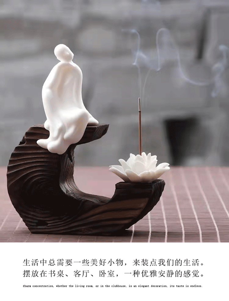zensoullab Creative Phaseless Buddha Ceramic Ornament Backflow Incense Burner Little Monk Incense Home Indoor Incense Holder Sandalwood Incense Burner