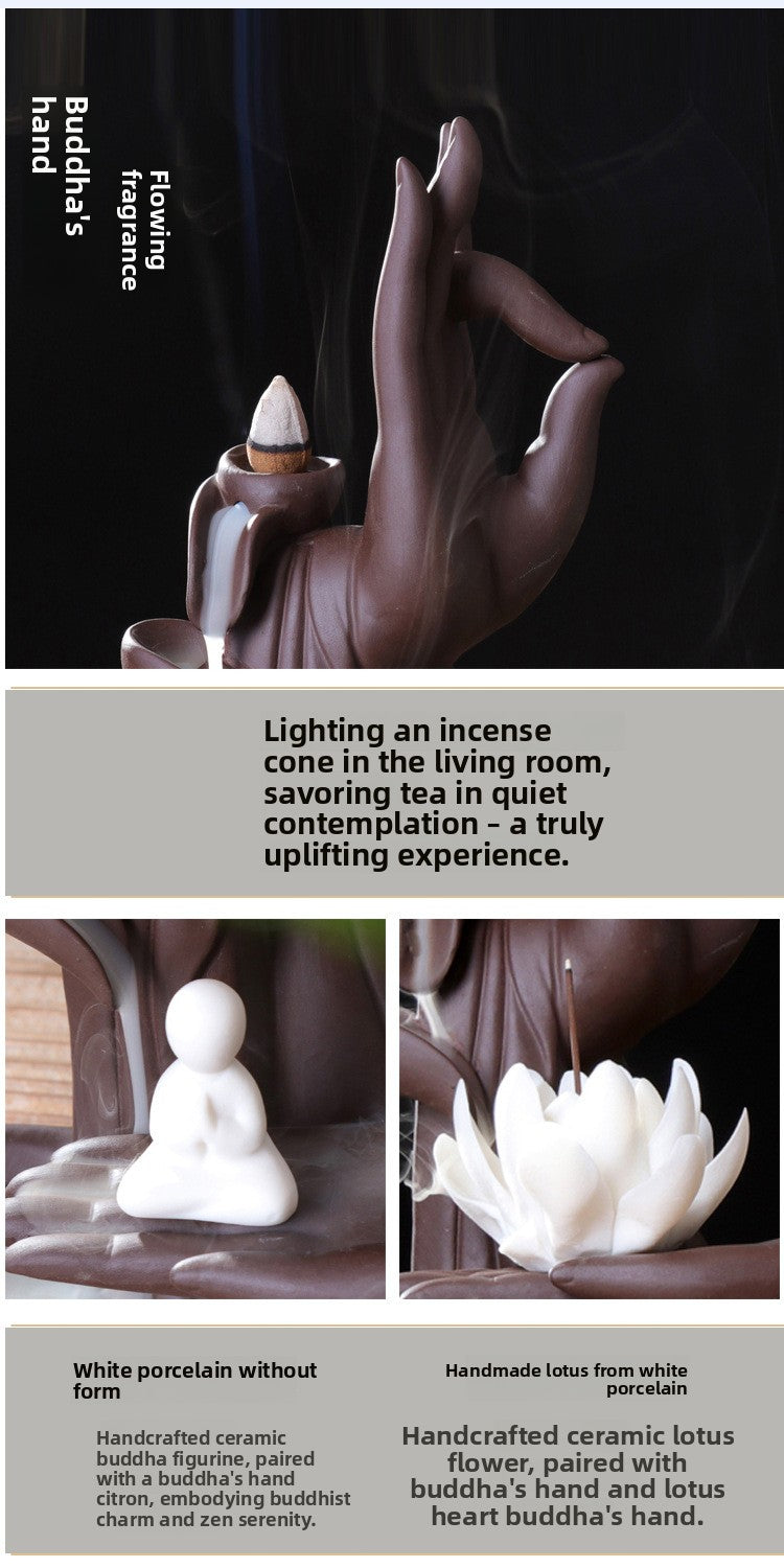 zensoullab Creative Backflow Incense Burner Home Purple Clay Flow Incense Burner Indoor Ornament Ceramic Buddha Hand Incense Burner Home Decor