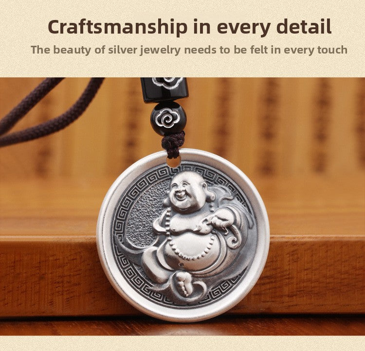 zensoullab Vintage Maitreya Buddha Pendant Thai Silver Solid Vintage Unisex Round Pendant Auspicious Big Belly Buddha Male Small Buddha Pendant