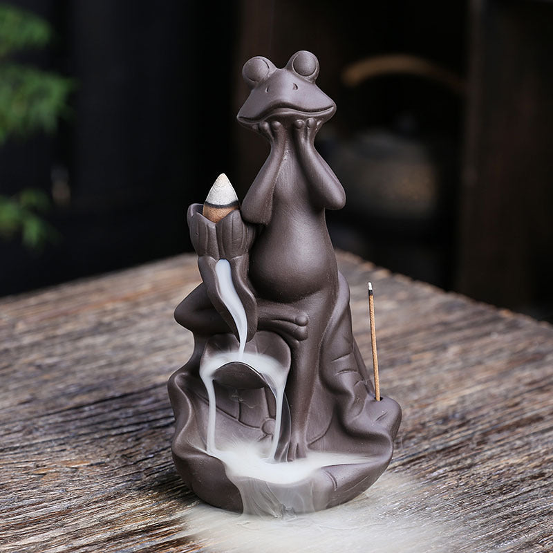 zensoullab Purple Clay Lotus Leaf Backflow Incense Burner Craft Ornament Creative Frog Lotus Backflow Incense Burner Home Decor