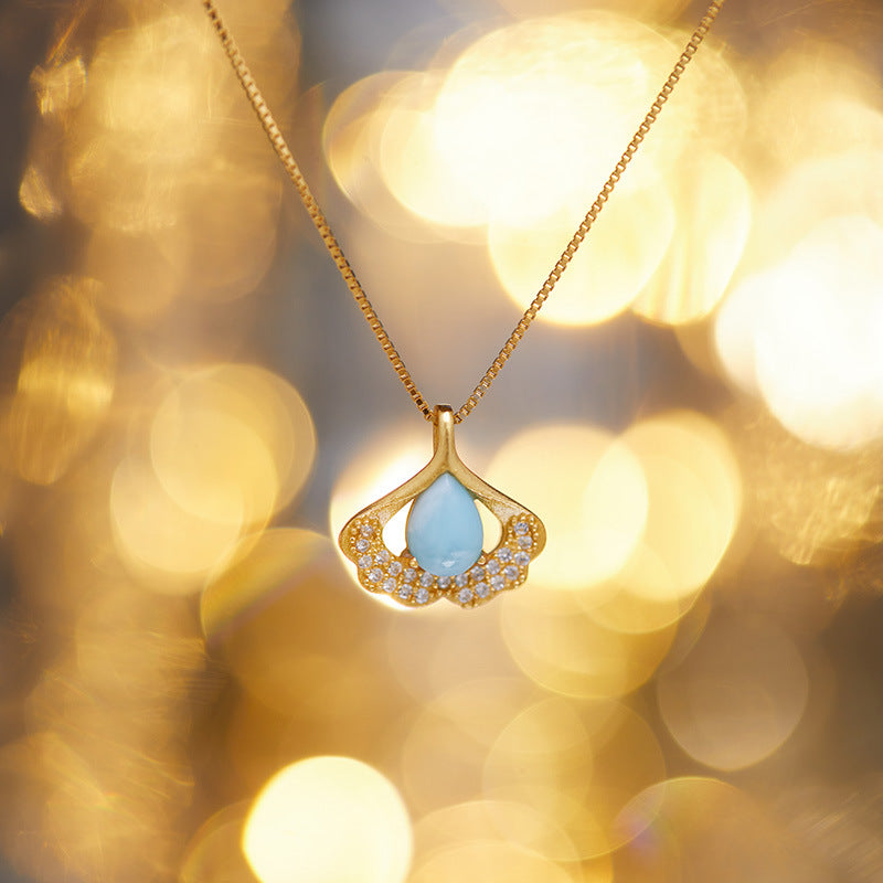 zensoullab S925 Sterling Silver Ancient Gold Inlaid Natural Sea Grain Stone Fan-shaped Necklace High Quality