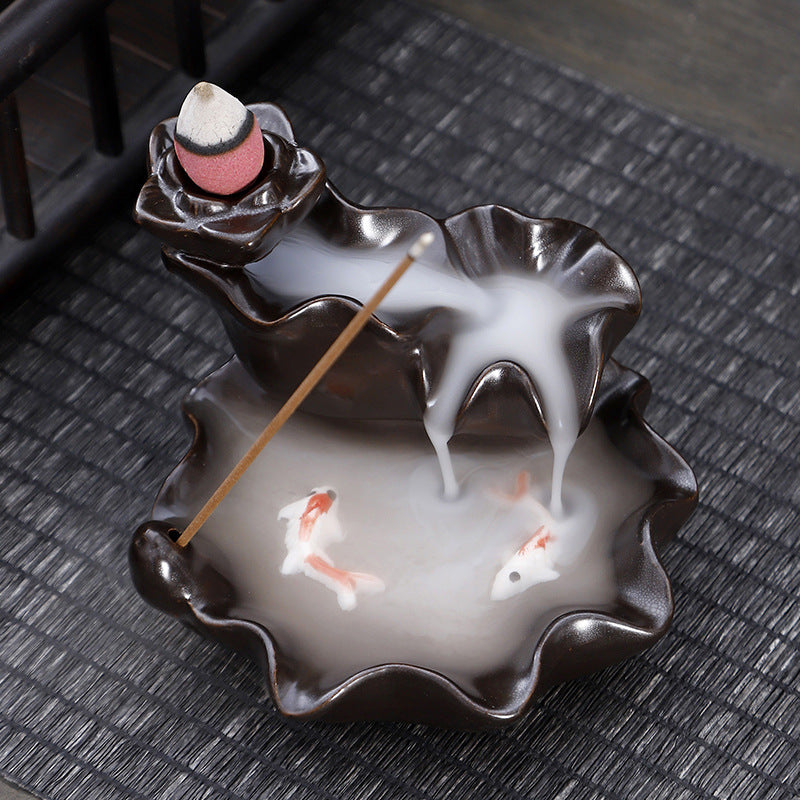 zensoullab Backflow Incense Burner Creative Home Decor Ceramic Burner Craft Zen Double Fish Backflow Sandalwood Ornament