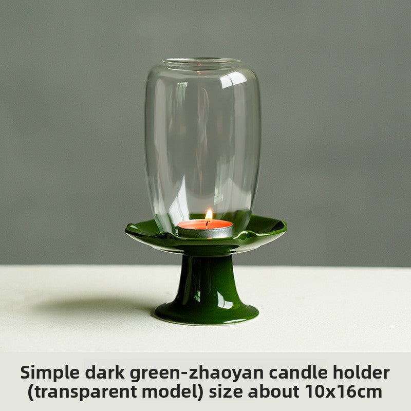 zensoullab New Chinese Style Forbidden City Red Morning Glory Candle Holder Ceramic Base Zen Glass Lampshade Aromatherapy Home Tea Ceremony Accessories Ornament