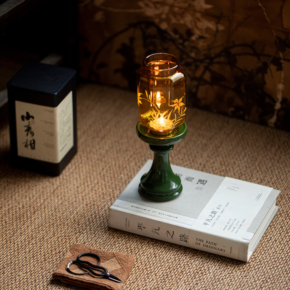 zensoullab Flowing Fragrance Golden Orchid Ming Qing Glass Candle Holder Lamp Zen Tea Room Atmosphere Lamp Home Floor Candle Lamp Decorative Ornament
