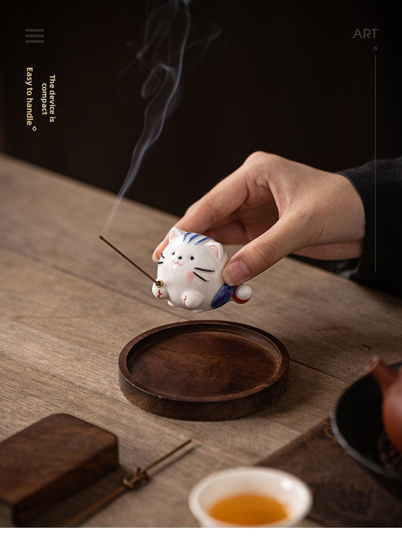 zensoullab Creative Ceramic Cute Little Cat Incense Holder Base Incense Tray Tea Room Tea Table Small Incense Burner Ornament Incense Burner