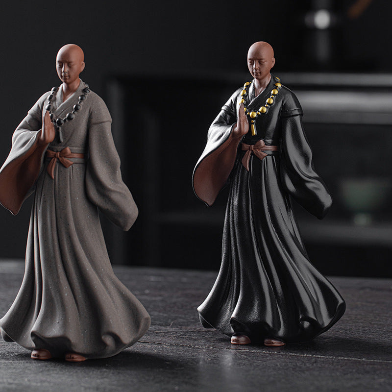 zensoullab Creative New Chinese Style Large Purple Clay Little Monk Figurine Tea Room Living Room Entrance Zen Little Monk Ceramic Character Decoration