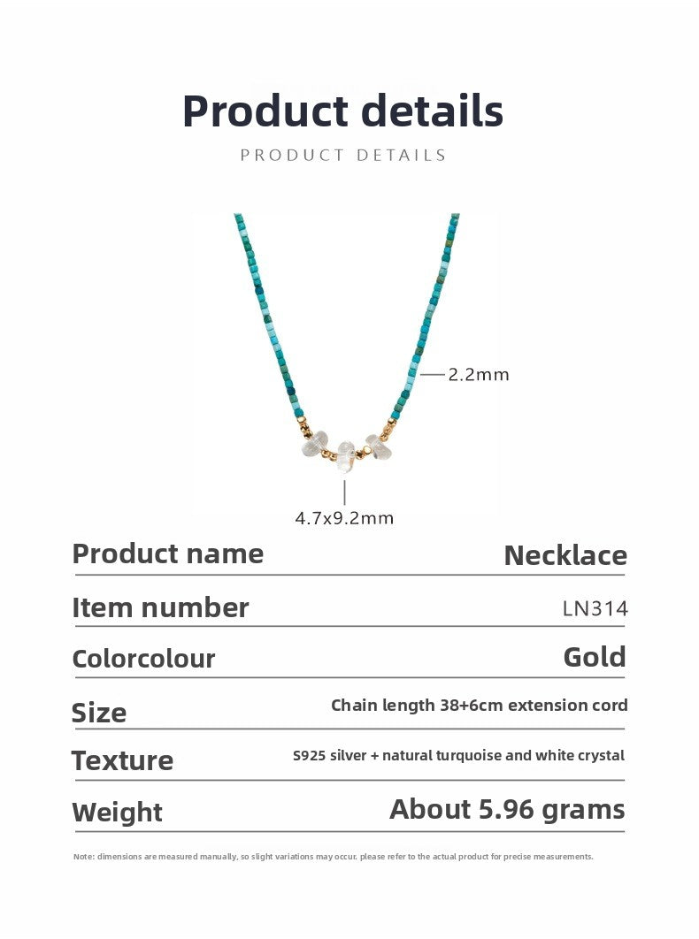 zensoullab Fashion Design S925 Sterling Silver Natural Turquoise White Crystal Necklace for Women Light Luxury High-end Beaded Choker