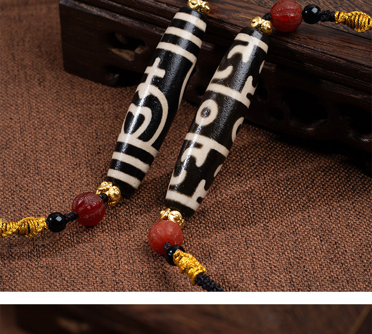 zensoullab Natural Tibetan Guru Rinpoche Three-Eyed Dzi Bead Necklace Agate Pendant Unisex Braided Necklace In Stock