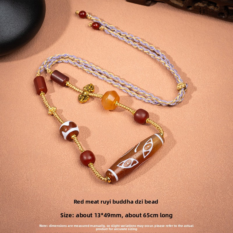 zensoullab Natural Yellow Nine-Eye Dzi Bead Necklace Taiwan Work Agate Pendant Unisex Couple Style Braided Necklace In Stock