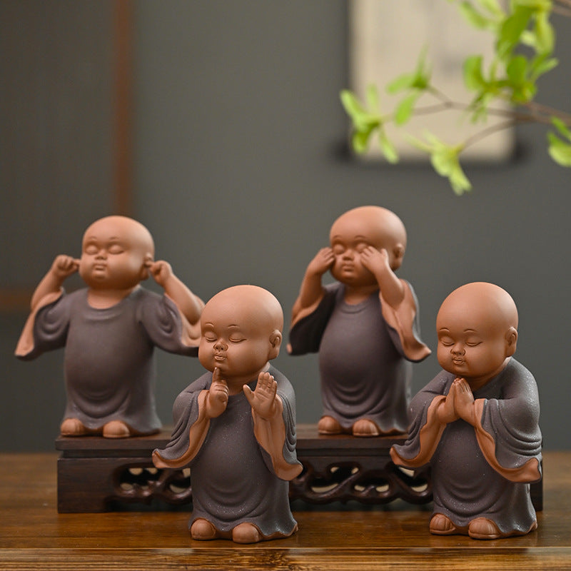 zensoullab Cute Purple Clay Four Little Monks Tea Pet Tea Tray Accessories Ceramic Little Novice Zen Home Living Room Decoration