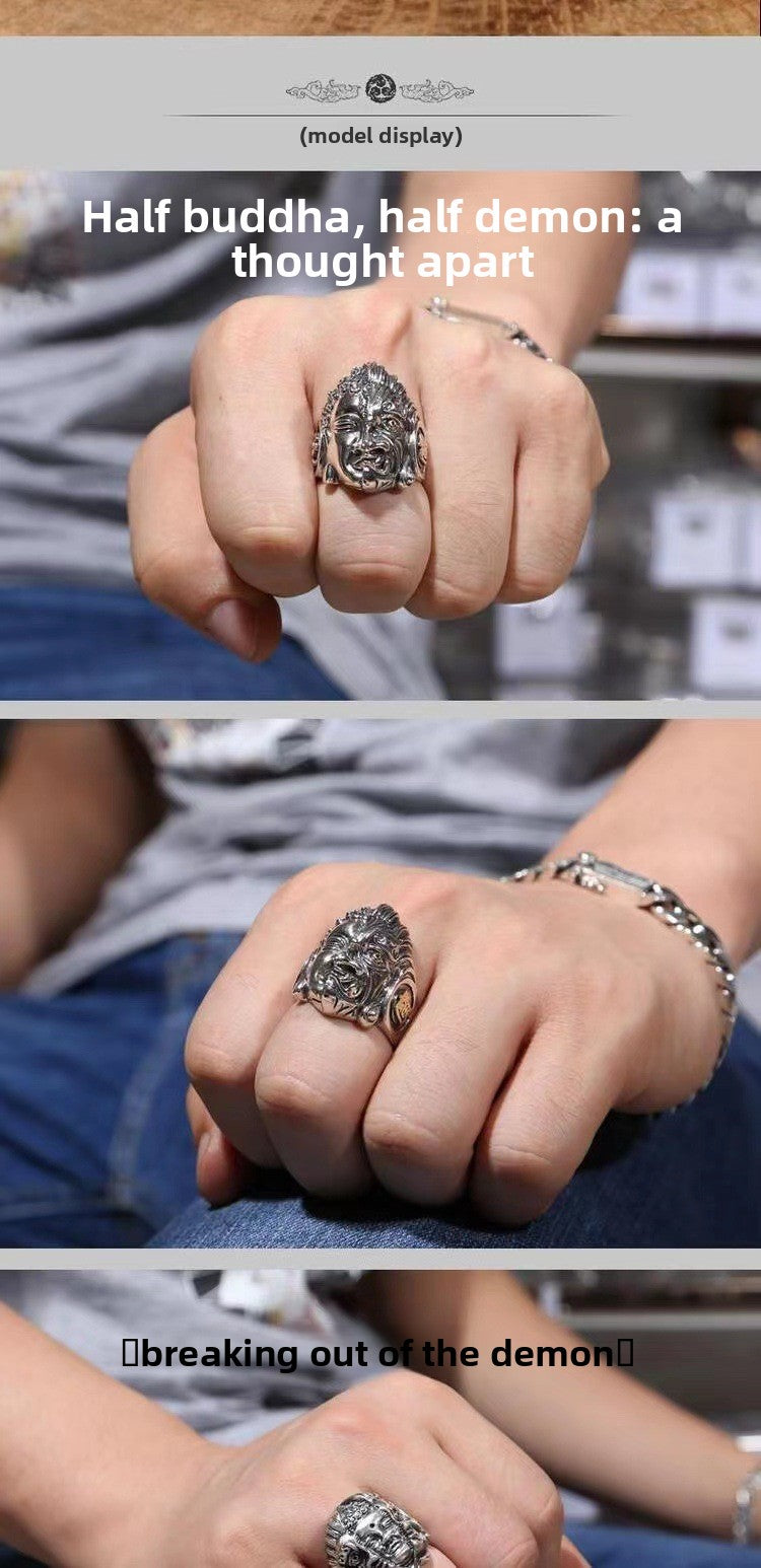 Zensoullab Men's Domineering Buddha Magic a Flash of Thought Buddha Magic Open Ring Vintage Thai Silver Niche Punk Ring
