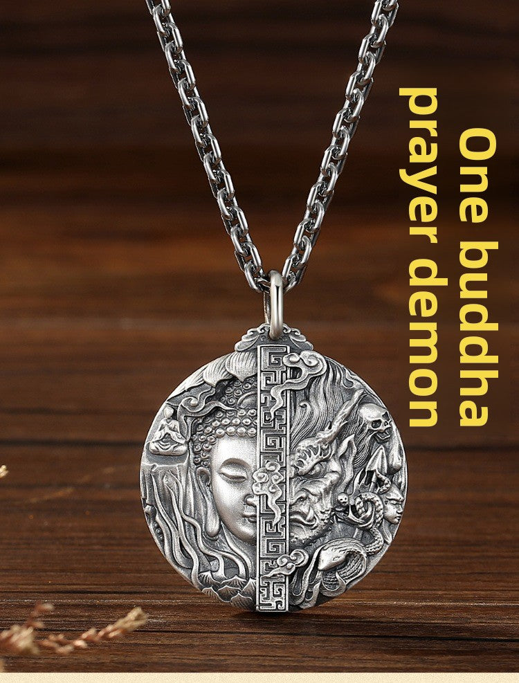 zensoullab Thai Silver Vintage Buddha and Demon One Thought Pendant Men's Solid Vintage Round Large Buddha Pendant Chinese Style Necklace