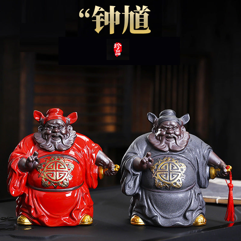 zensoullab Creative Ceramic Zhongkui Figurine Chinese Zen Style Character Ornament Home Living Room Tea Room Entrance Decoration Craft Gift