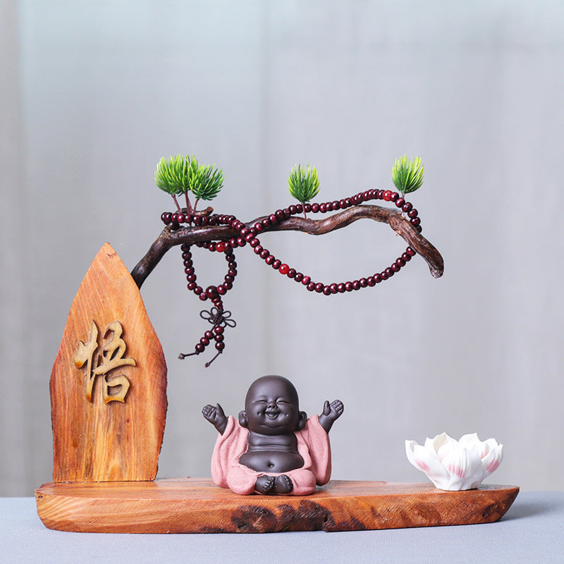 zensoullab Creative Chinese Style Welcoming Pine Root Carving Living Room Club TV Cabinet Zen Little Monk Ornament Maitreya Buddha Home Decor