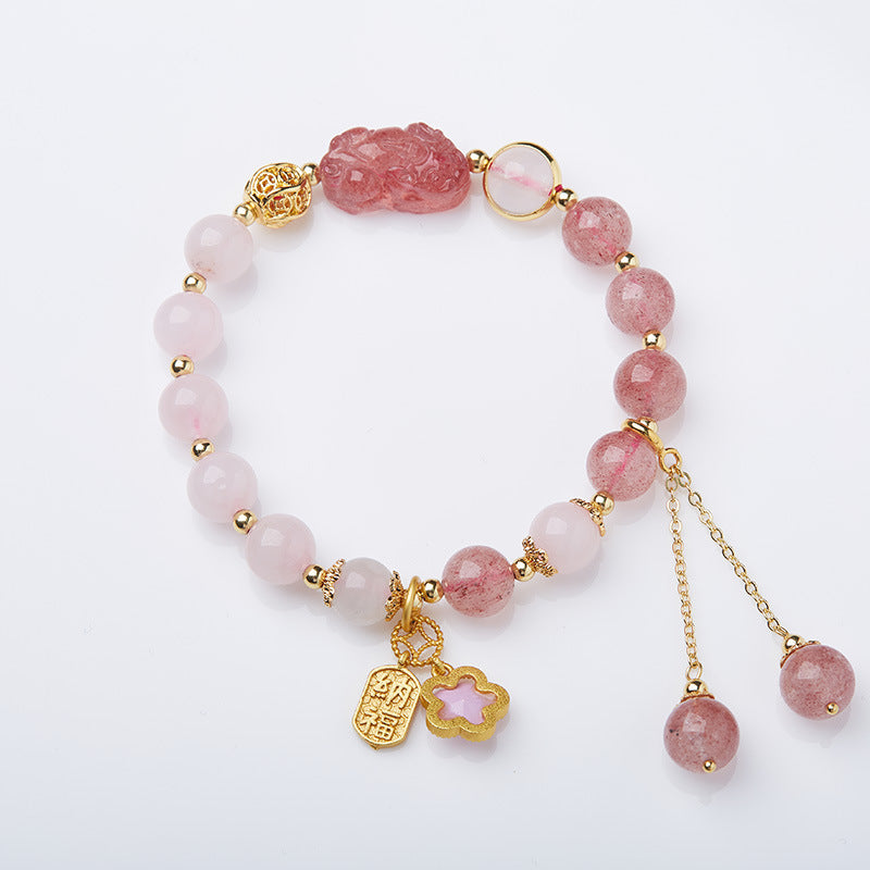 zensoullab Natural Strawberry Crystal Pink Crystal Double Bracelet for Women Strawberry Crystal Pixiu Wealth Flower Good Luck Crystal Bracelet