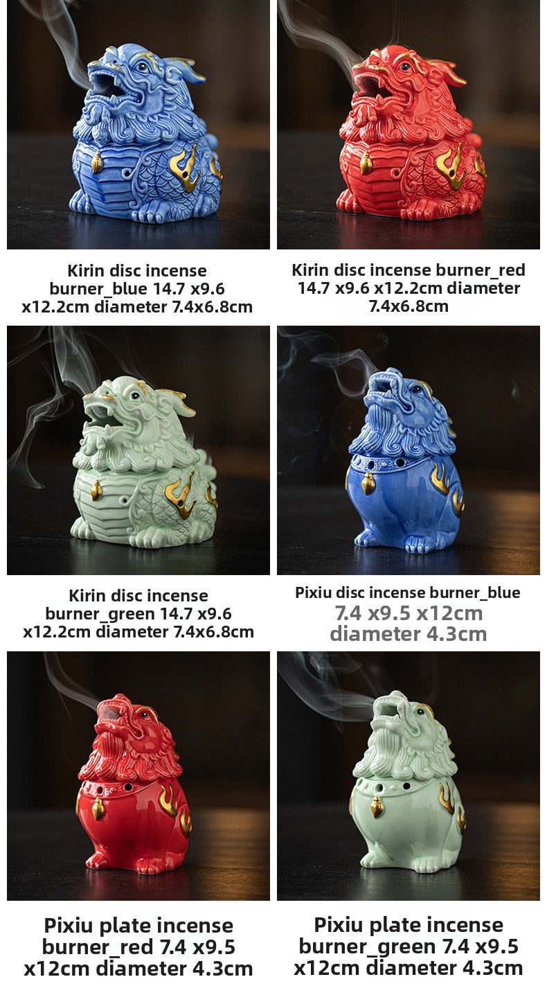 Zensoullab Creative Ceramic KIRIN Incense Coil Burner Home Indoor Auspicious Beast Incense Burner Sandalwood Agarwood Point Incense Box Desktop Incense Ceremony Decoration