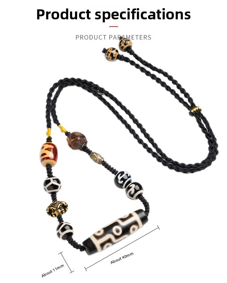 zensoullab Tibetan Nine-Eyed Dzi Bead Necklace with Layered Patina Multi-Totem Agate Pendant Couple Style Woven Necklace