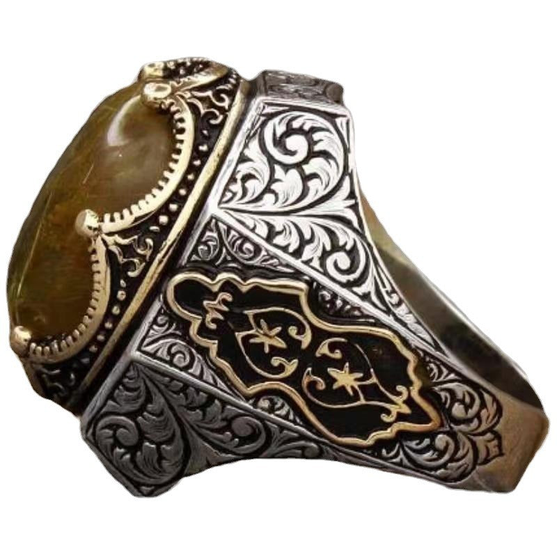 zensoullab Turkish Handmade Exquisite Convex Vintage Distressed Crown Men's Rutilated Quartz Carved Split Gold Ring