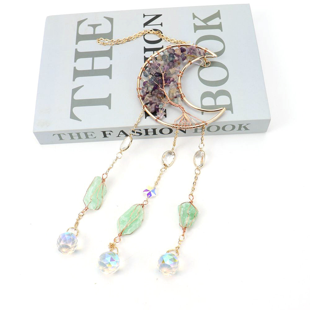 zensoullab Natural Amethyst Gravel Moon Sun Catcher Wind Chime Light Decoration Hanging Ornament Home Decor Gift