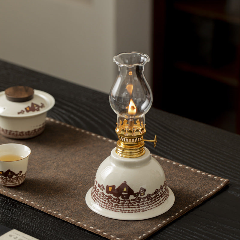 zensoullab Ceramic Butter Lamp with Plant Ash, Chinese Style Retro Tea Ceremony Home Indoor Atmosphere Ornament