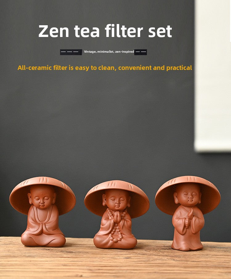 zensoullab Zen Purple Clay Little Monk Tea Pet Tea Leaf Filter Kung Fu Tea Set Accessories Creative Hat Tea Strainer Full Ceramic Tea Infuser
