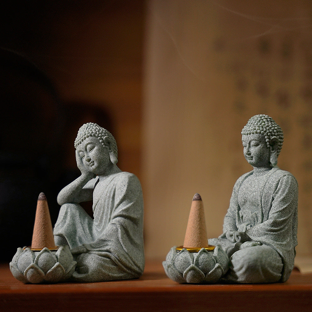 zensoullab New Green Sand Stone Buddha Statue Ornament Aromatherapy Decoration Living Room Zen Tea Tabletop Stone Small Sitting Buddha Incense Burner Ornament