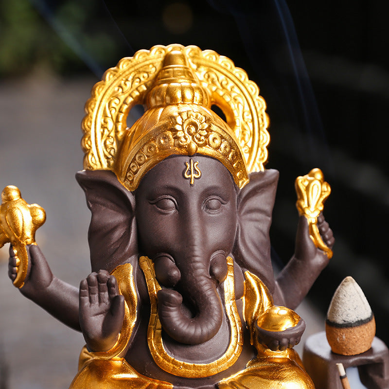 zensoullab Purple Clay Sandalwood Incense Burner Home Decor Creative Gold-Plated Ganesha Mountain Water Backflow Incense Burner Craft