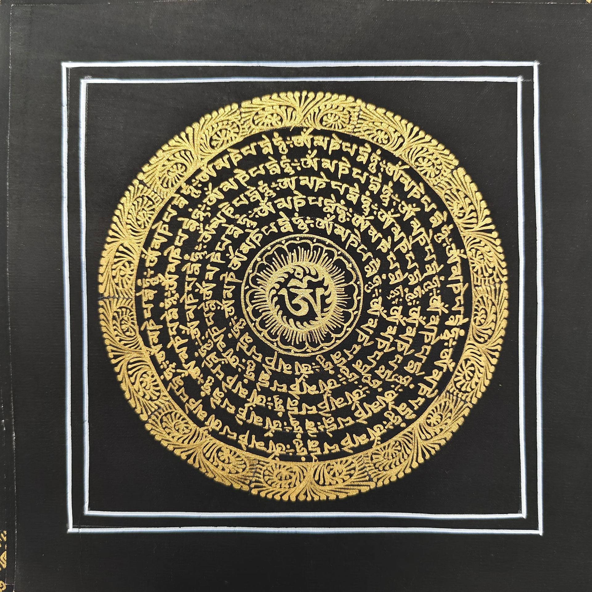 zensoullab Nepal Hand-painted Black Gold Sutra Thangka Tibetan Six-word Mantra Mandala Entrance Living Room Decorative Hanging Painting