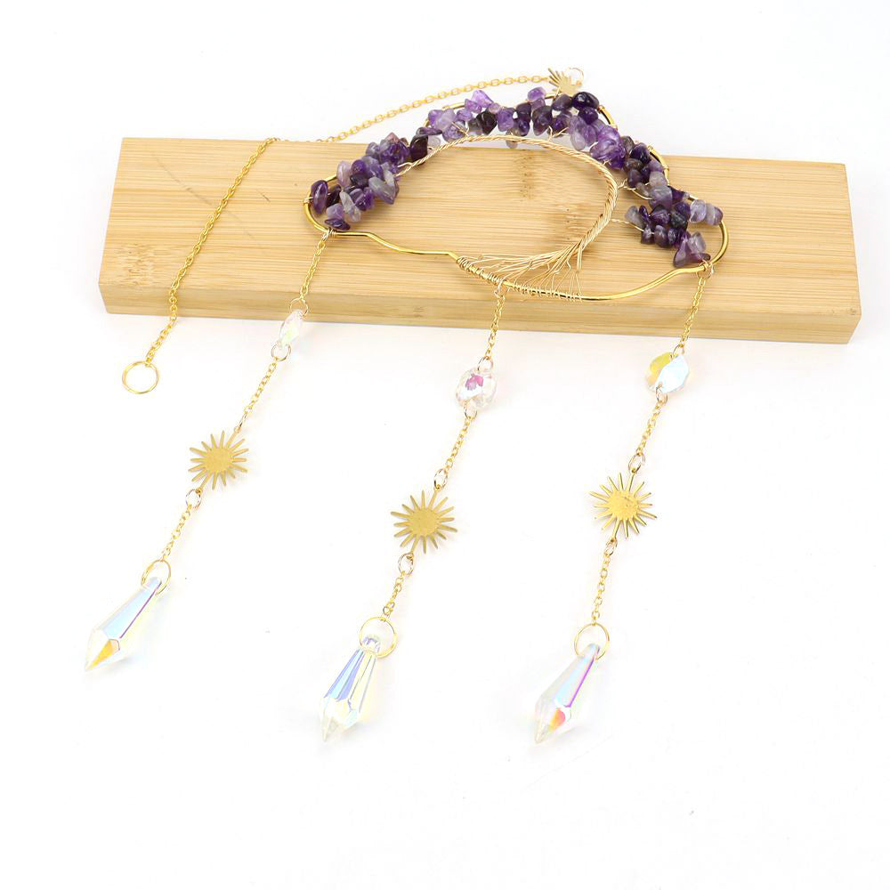 zensoullab Handmade Wire Wrapped Natural Crystal Crushed Stone Clouds Clouds Life Tree Sun Catcher Hanging Ornament Wind Chime Decoration T27